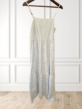 Blue White Striped Cotton Midi Dress L Cottage Coastal